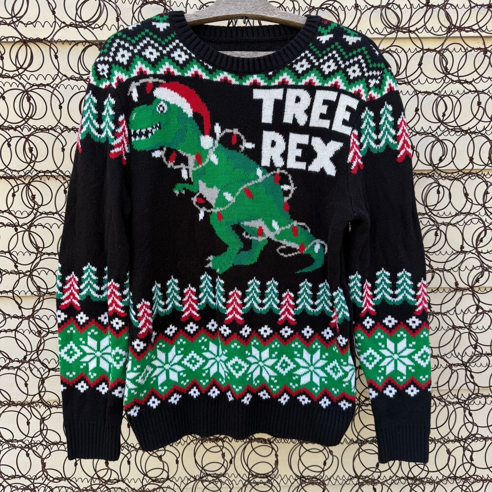 Ugly Christmas Sweater Tree Rex Dinosaur Fair Isle Black Green MEDIUM